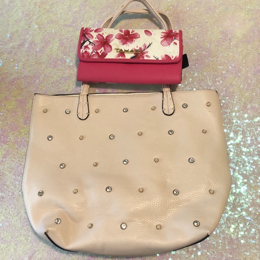 Jessica Simpson blush pink rhinestone pearl purse & Tahari flower wallet bundle